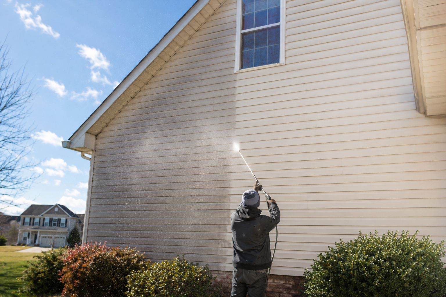 Soft washing vinyl siding on a home exterior