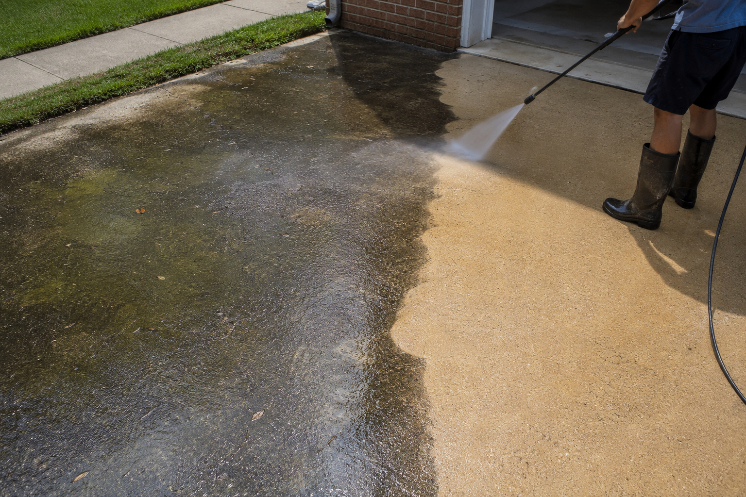 Pressure washing a driveway to reveal a bright clean surface