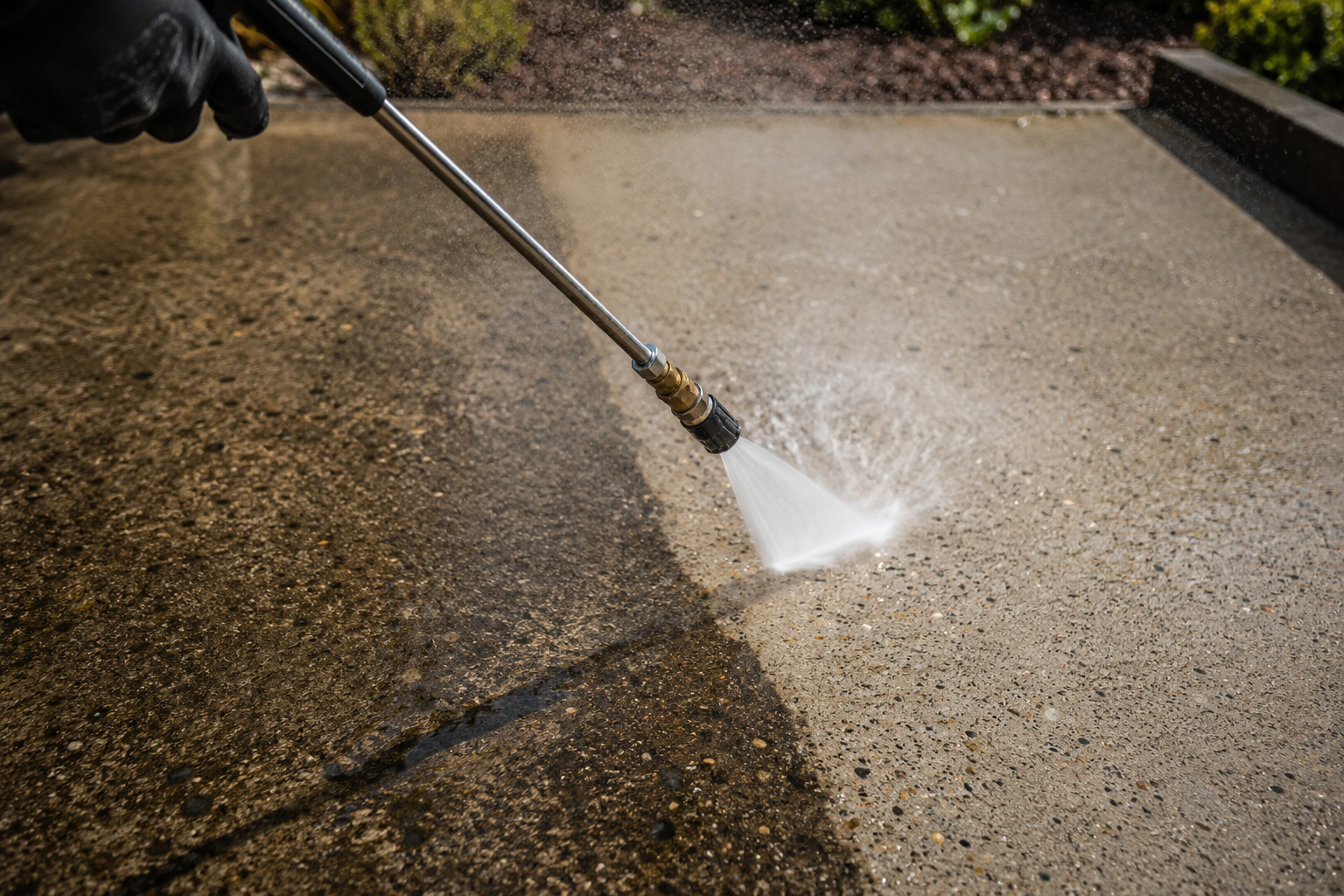 Concrete surface with a freshly cleaned path through built-up grime