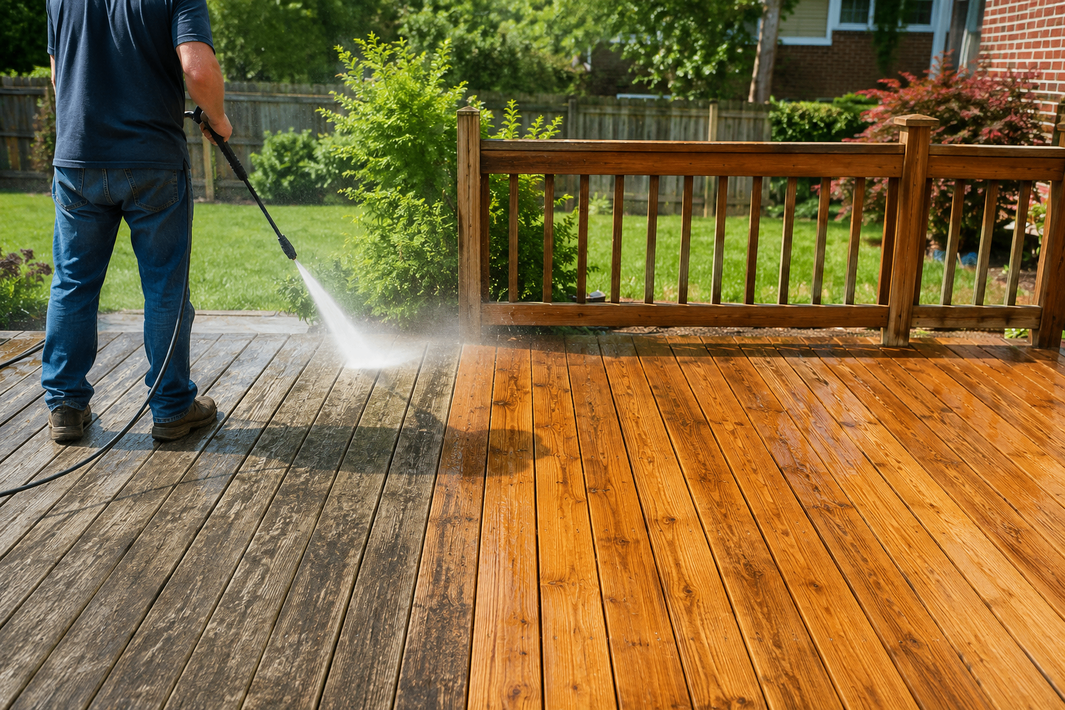 Deck being pressure washed with a clean section revealed