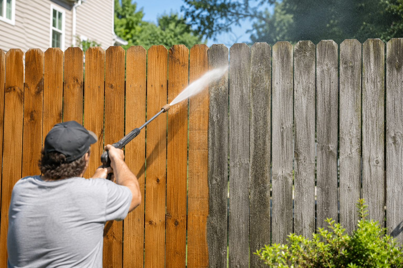 Pressure washing a wooden fence to reveal clean restored wood